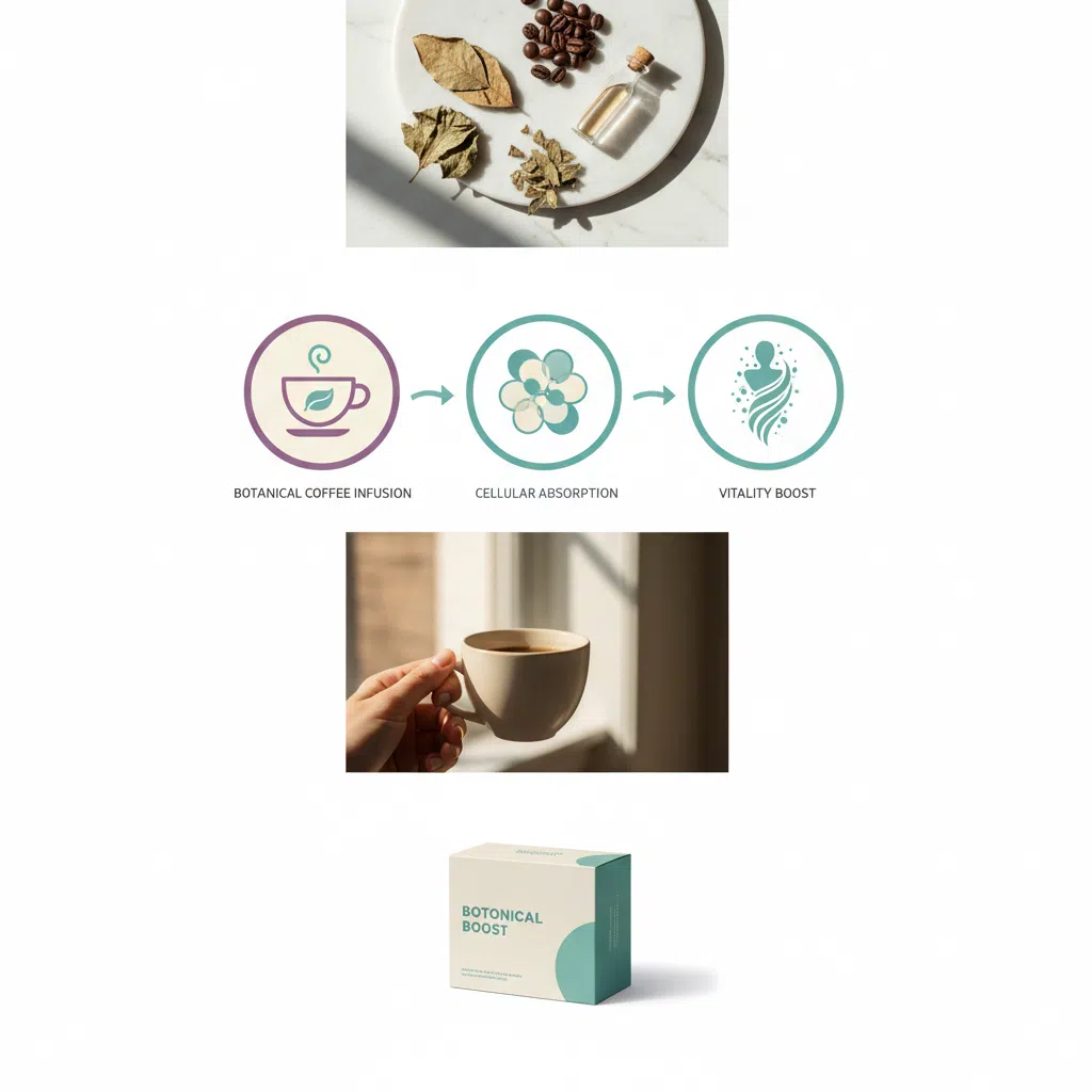 Three-step editorial infographic: botanical cup, teal cell molecule cluster, energy silhouette - showing mechanism of plant extract supplement